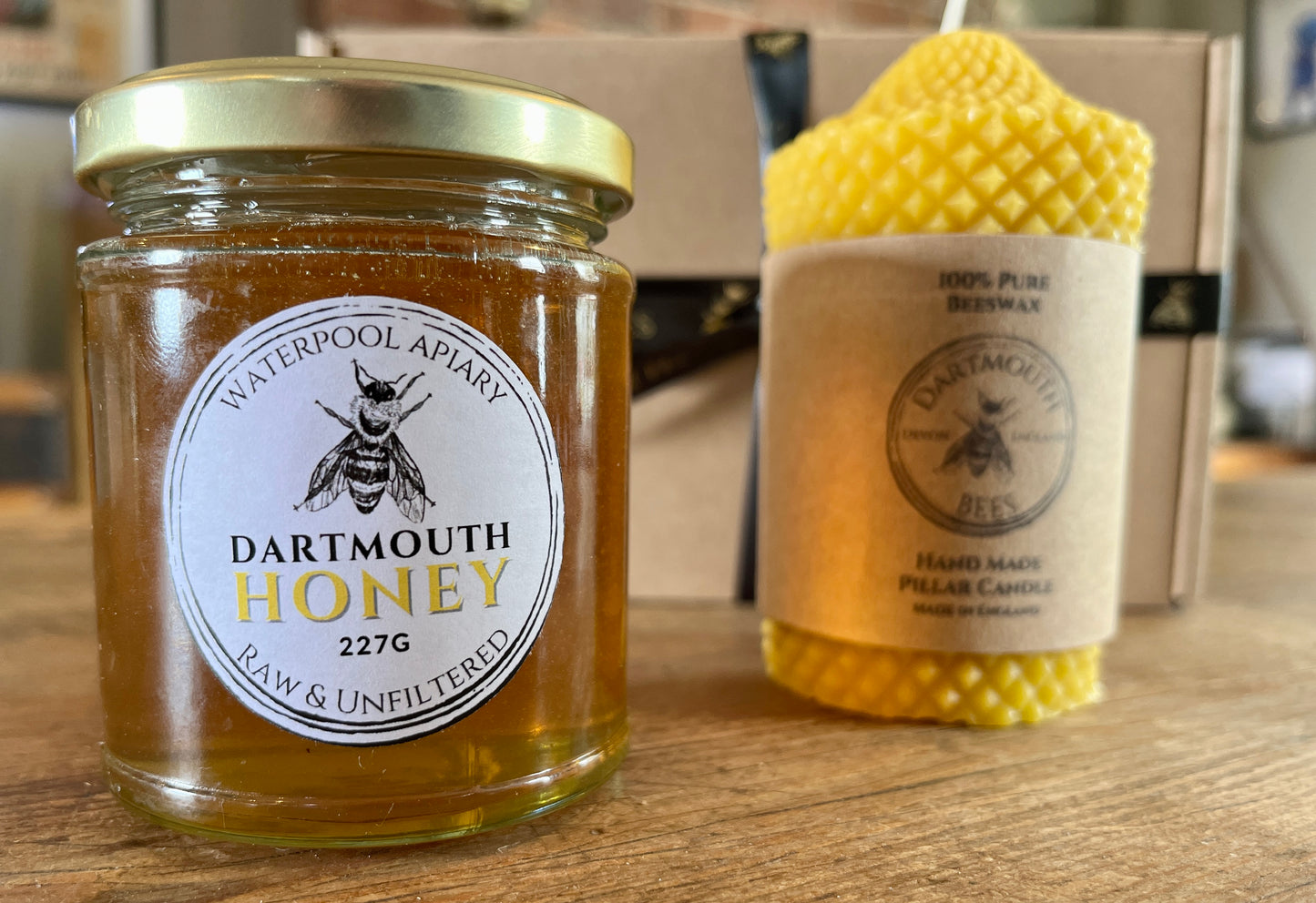 Honey Hamper Gift Box With Carved Pillar Beeswax Candle