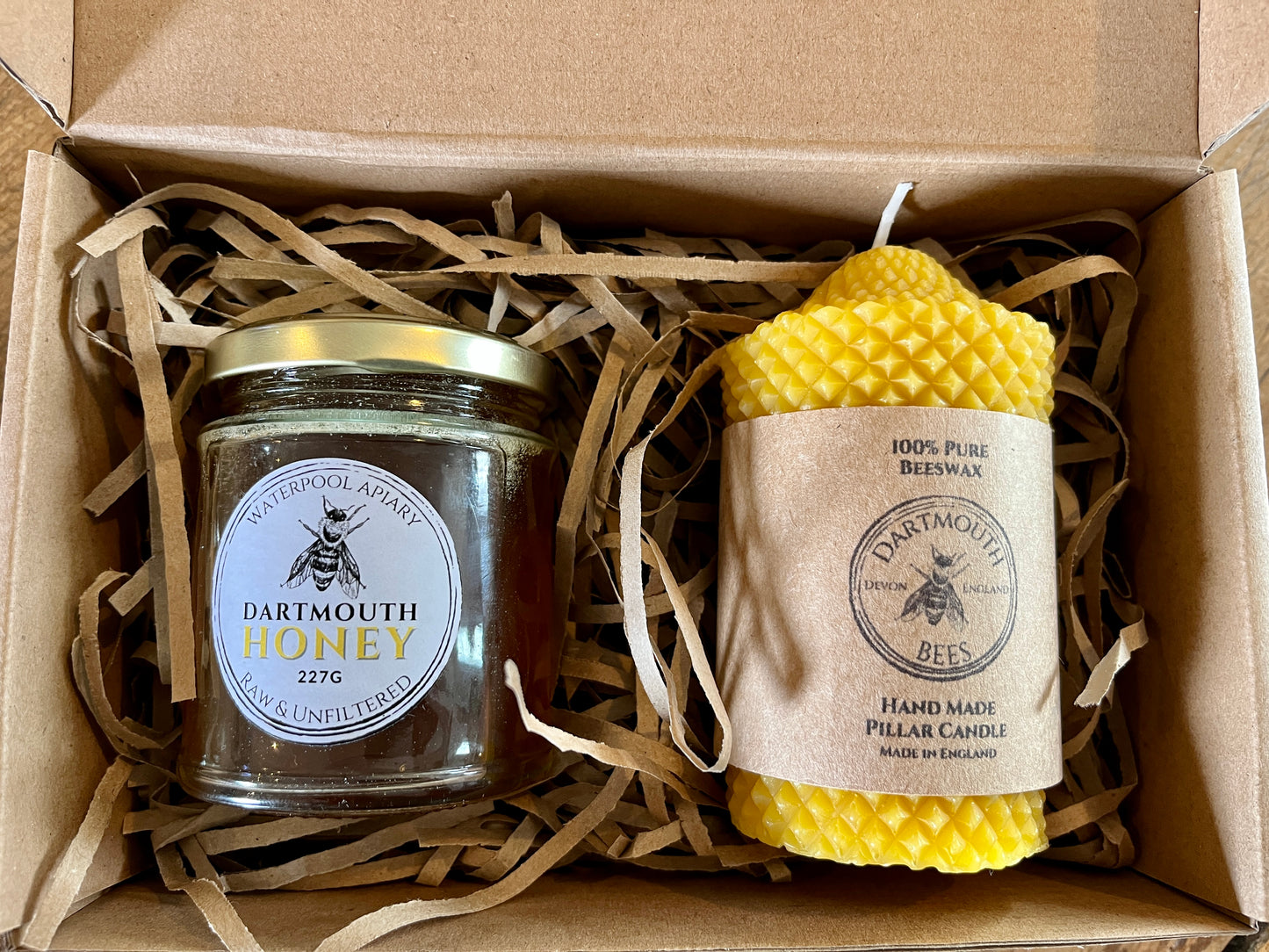 Honey Hamper Gift Box With Carved Pillar Beeswax Candle